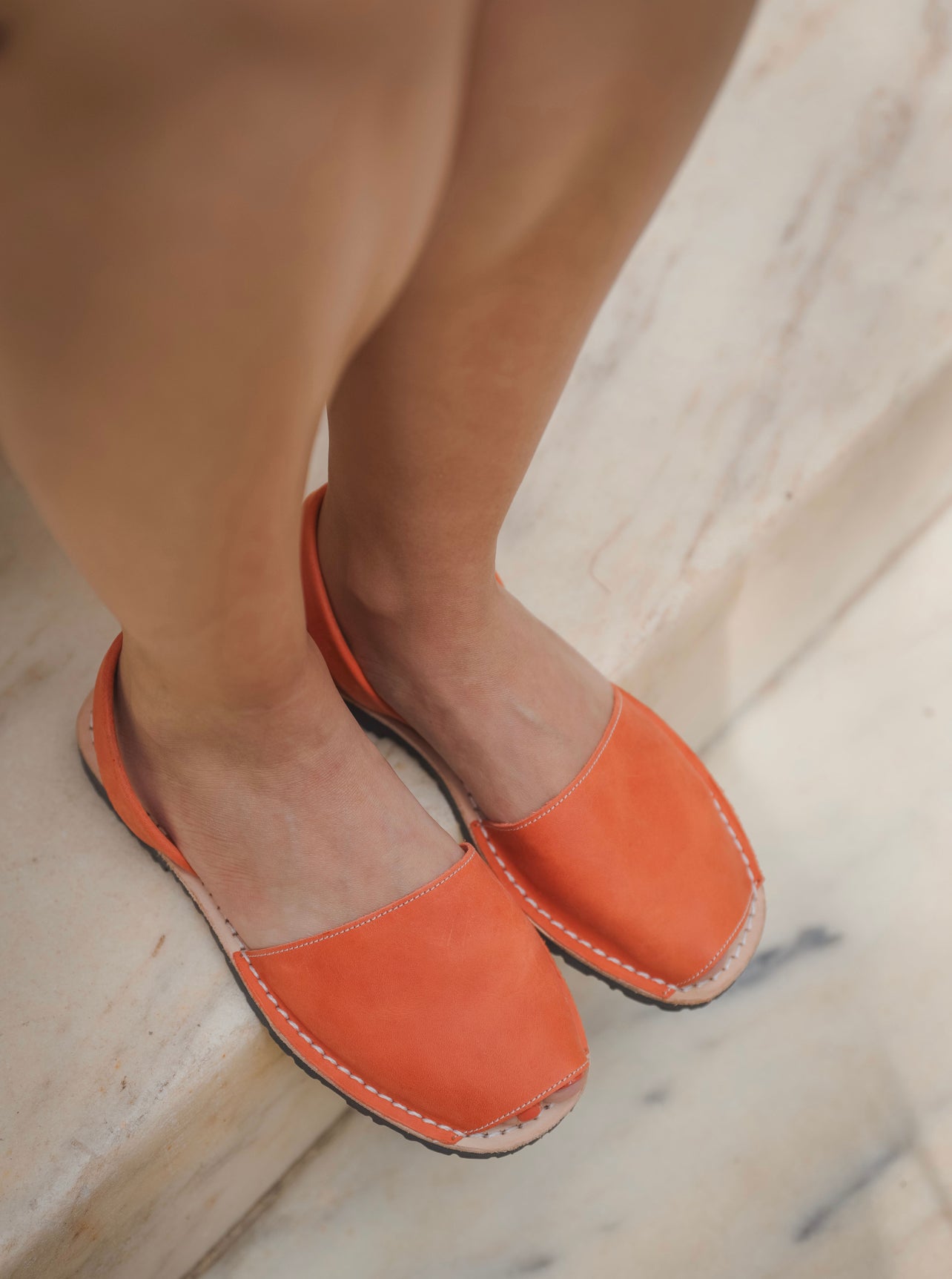 Orange Authentic Leather Sandals Flat OUTLET